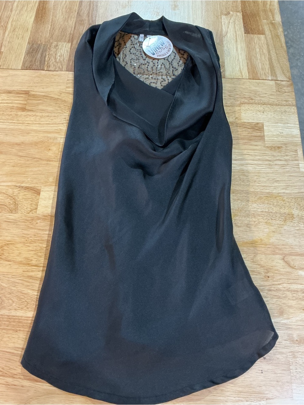 Black Cowl Neck Sleeveless Top XS Sequin Mesh Racerback Blouse